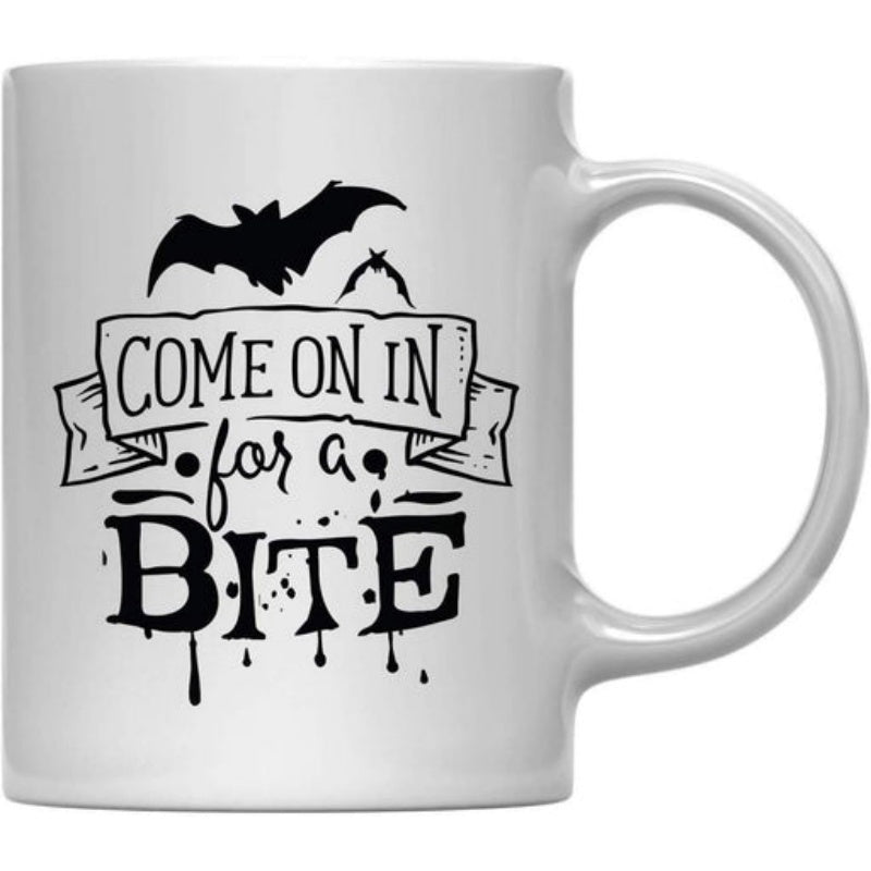 Tailorly White Ceramic 11 oz Mug - Come On In For A Bite Flying Spooky Silhouettes With Rustic Banner And Dripping Ink Style Bat