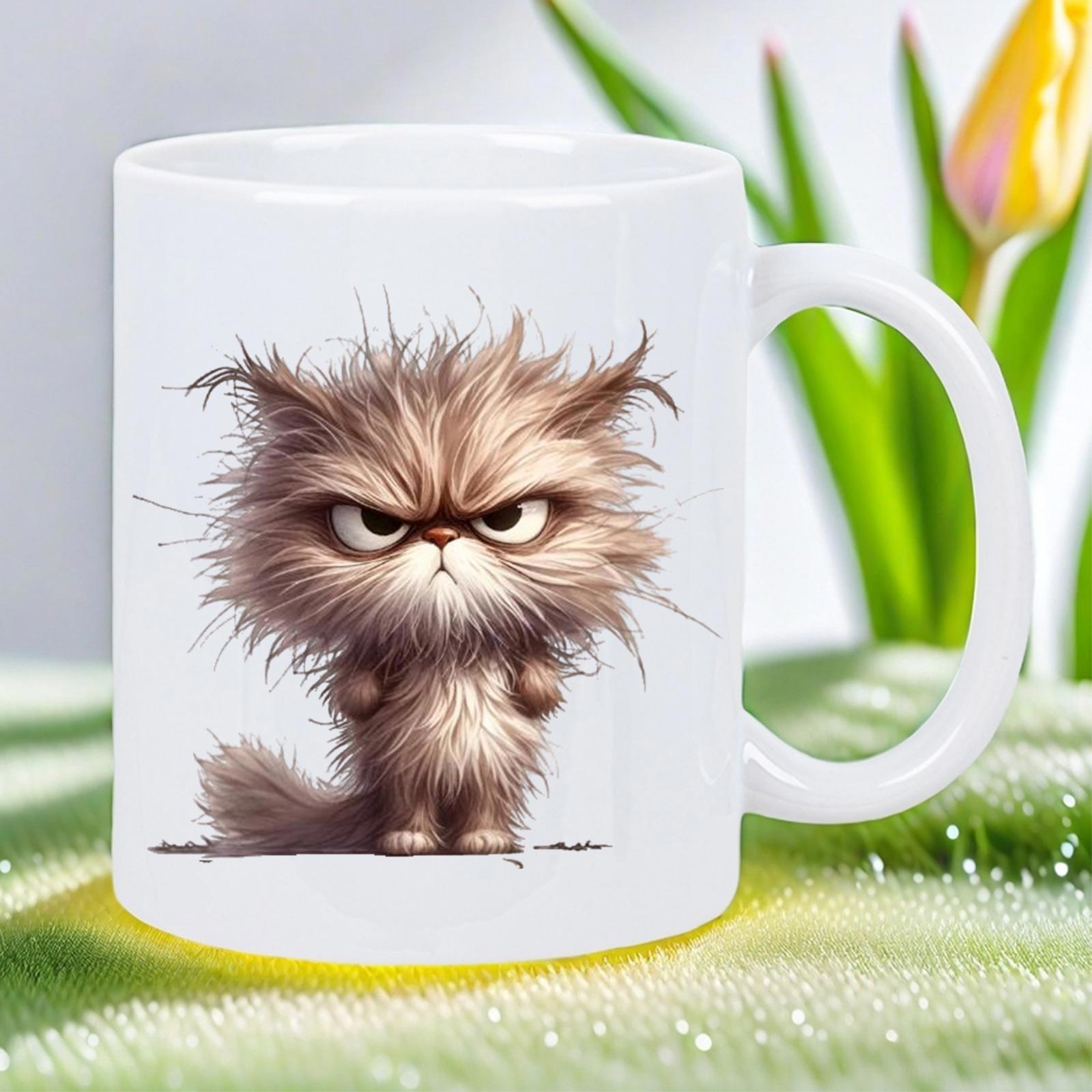 Tailorly White Ceramic 11 oz Mug - Fluffy Brown Fur With An Angry Expression Standing On White Background Cat