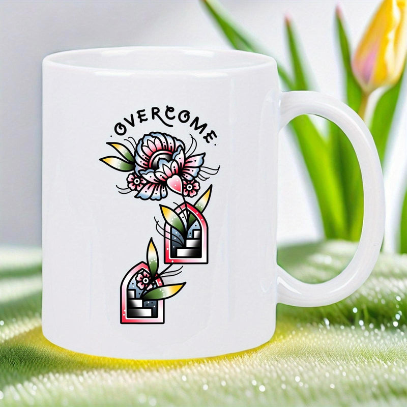 Tailorly White Ceramic 11 oz Mug - Overcome Traditional Tattoo Style Blooming Floral Pattern With Arched Window And Stairs Flower