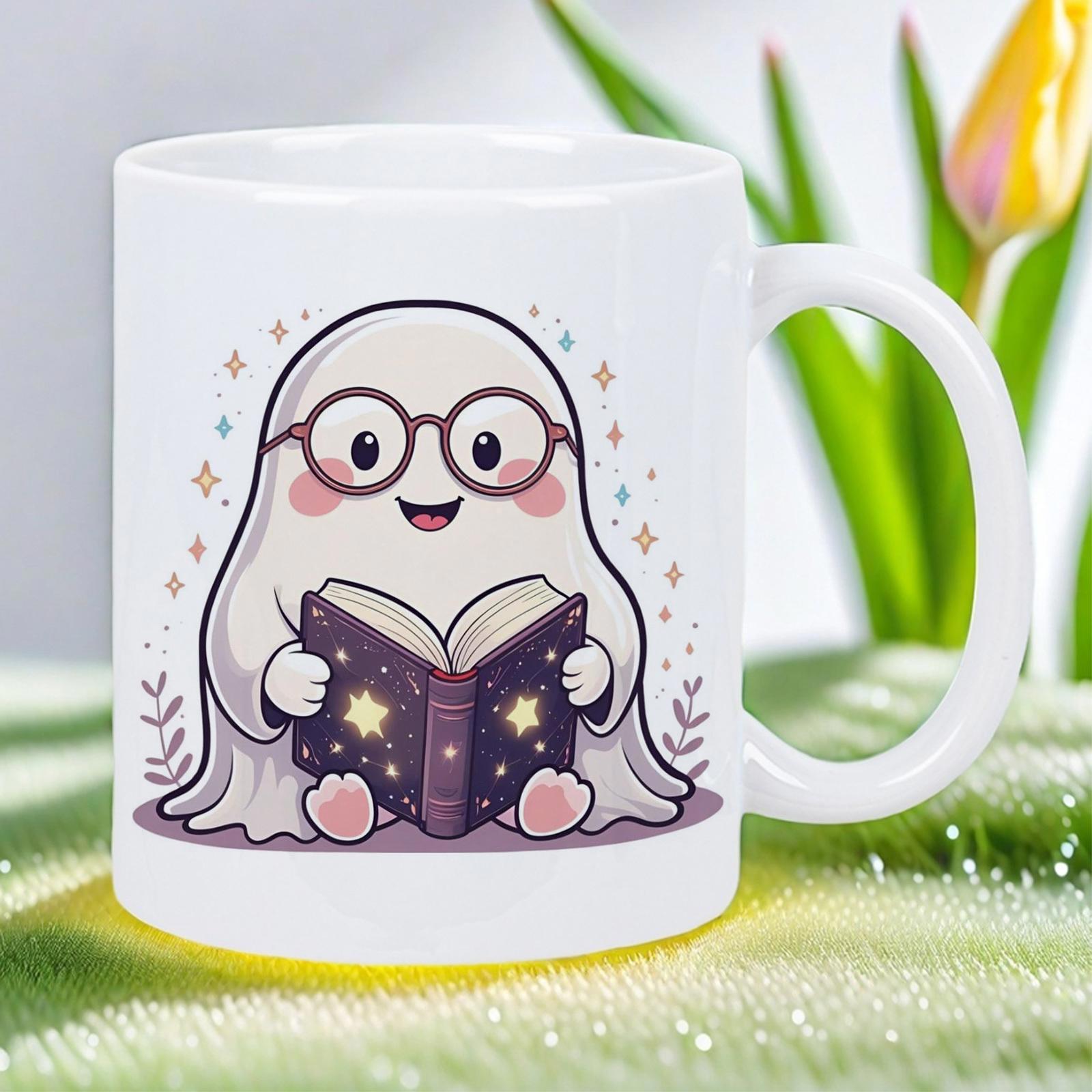 Tailorly White Ceramic 11 oz Mug - Adorable Little Specter Reading A Magical Starry Book Under Twinkling Stars Ghost