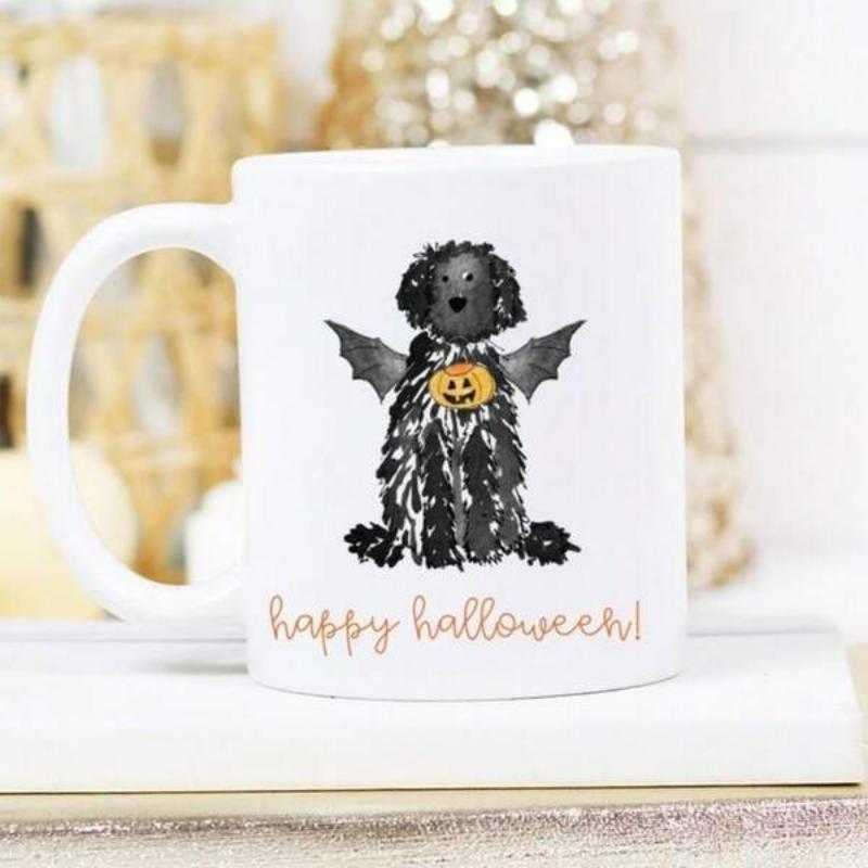 Tailorly White Ceramic 11 oz Mug - Happy Halloween Spooky Black Poodle Wearing Bat Wings Holding A Carved Jack O Lantern Dog