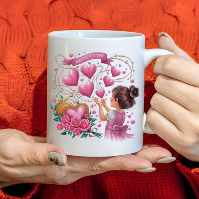 Tailorly White Ceramic 11 oz Mug - Valentine's Day Sweet Young Girl Blowing Pink Hearts Among Beautiful Blooming Rose Flowers Girl