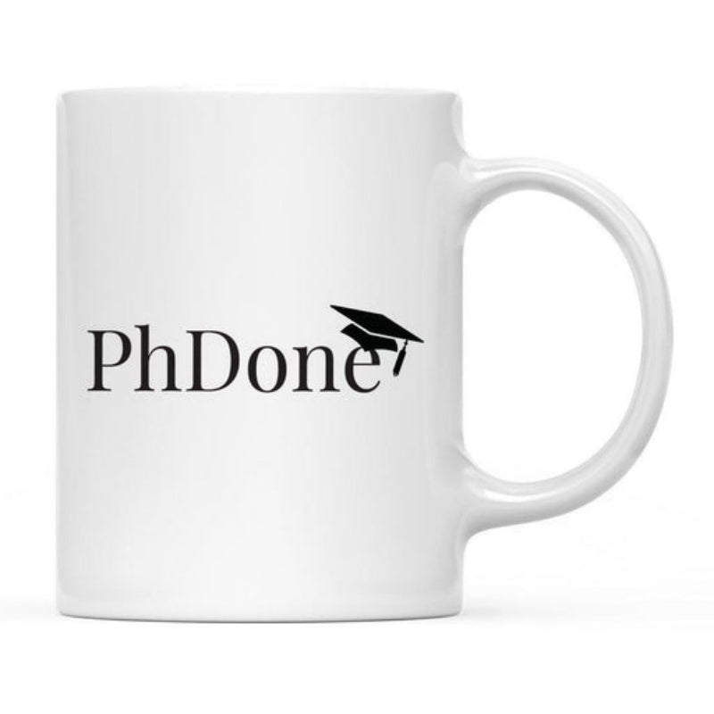 Tailorly White Ceramic 11 oz Mug - PhDone Minimalist Black Silhouette Style Academic Graduation Hat Resting On Typography Cap