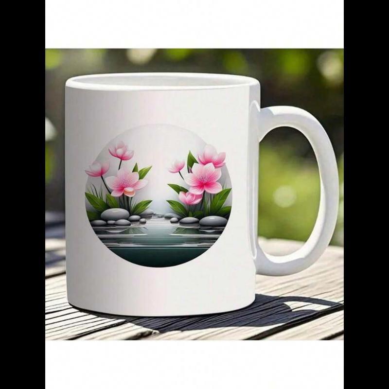 Tailorly White Ceramic 11 oz Mug - Elegant Pink Blossoms Resting Above Smooth Stones Near Serene Garden Water Flower
