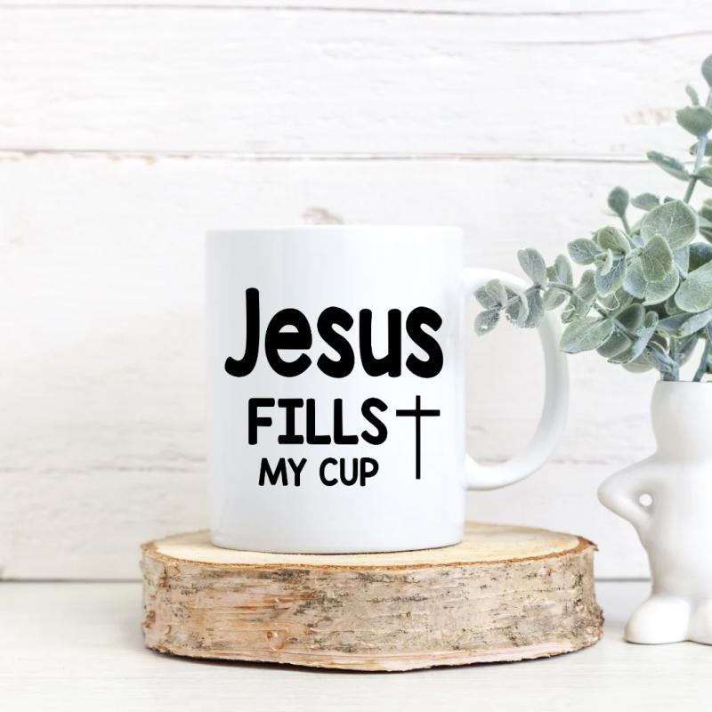 Tailorly White Ceramic 11 oz Mug - Jesus Fills My Cup Minimalist Black Religious Cross Icon Printed On A Plain