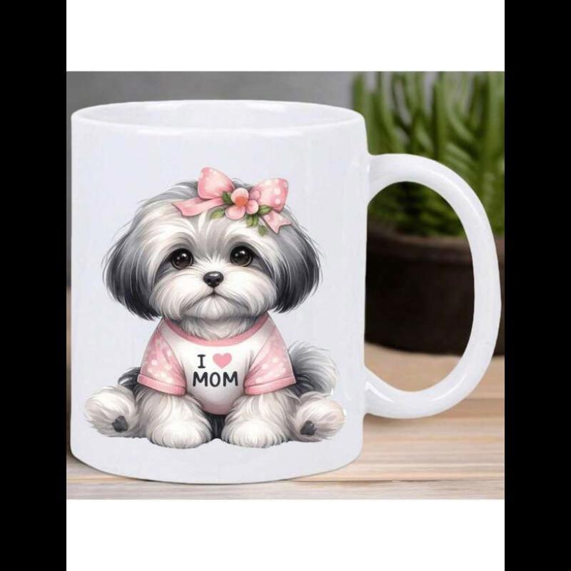 Tailorly White Ceramic 11 oz Mug - I Mom Adorable Small Puppy Wearing Pink Shirt And Floral Ribbon Dog