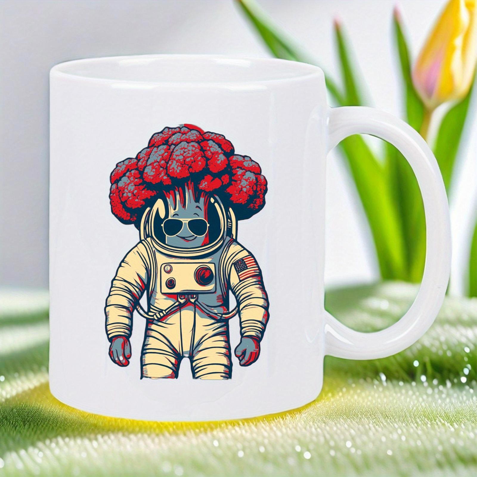 Tailorly White Ceramic 11 oz Mug - Whimsical Illustration With Red Broccoli Head Wearing Sunglasses And Suit Astronaut