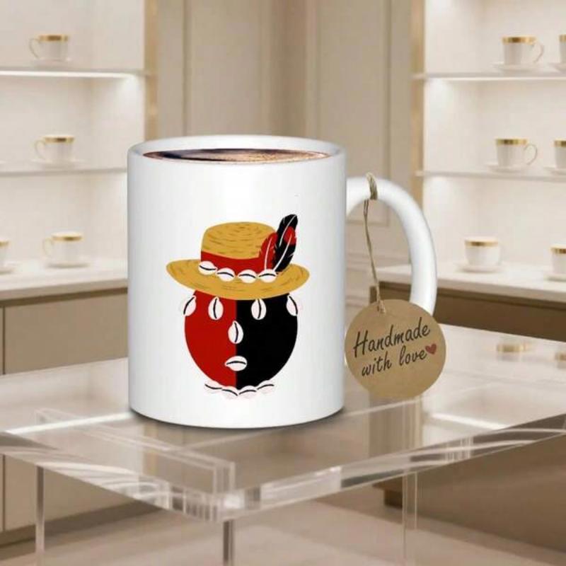 Tailorly White Ceramic 11 oz Mug - Handmade With Love Tribal Face Split In Red And Black Wearing Straw Hat Mask