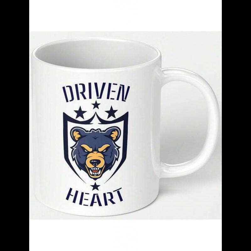 Tailorly White Ceramic 11 oz Mug - Driven Heart Fierce Growling Bear Head Inside Shield Crest Surrounded By Several Stars Bear