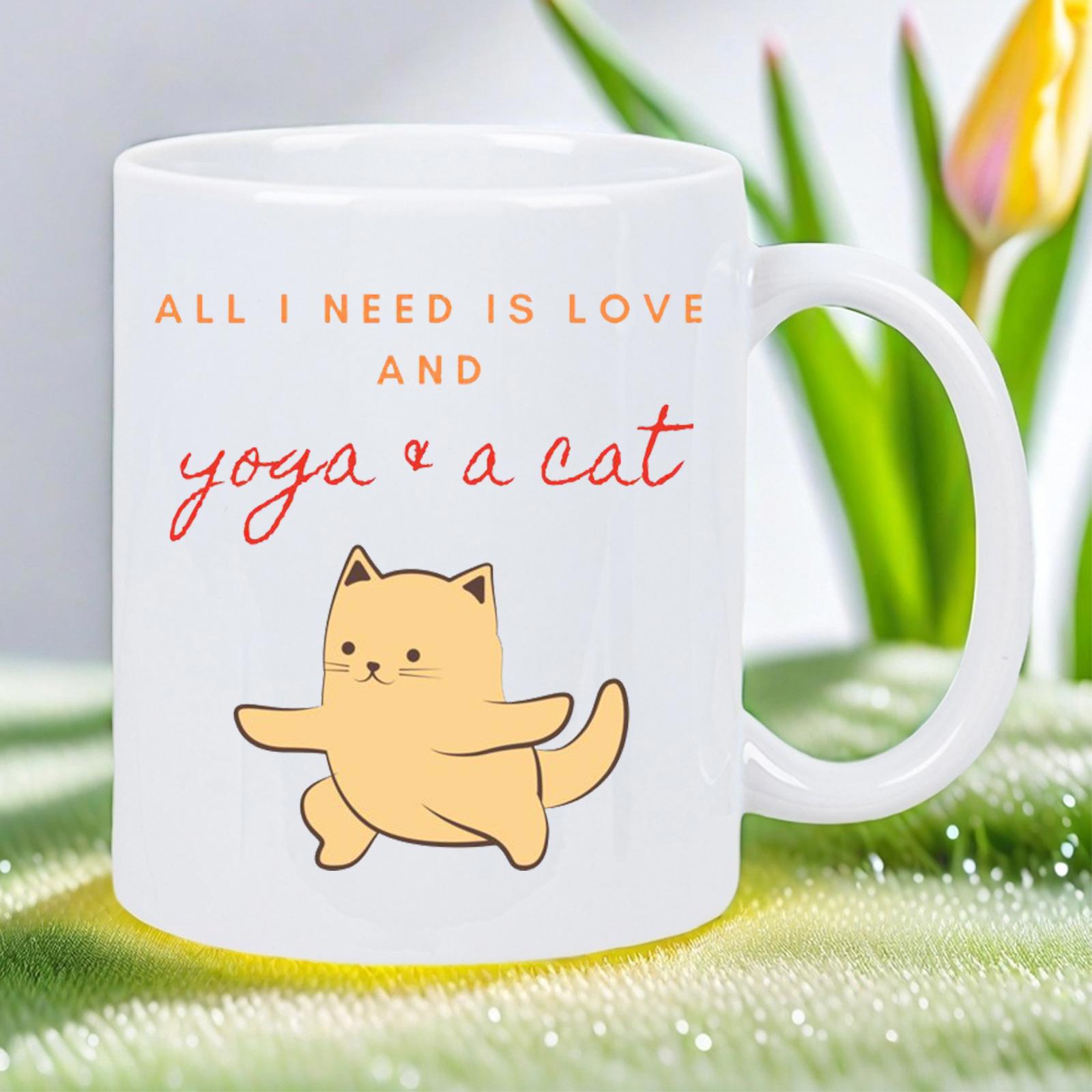 Tailorly White Ceramic 11 oz Mug - All I Need Is Love And Yoga A Cat Minimalist Cartoon Orange Feline Practicing Zen Yoga Poses On White Cat