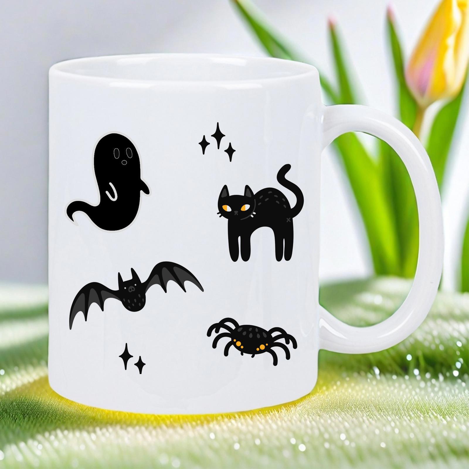 Tailorly White Ceramic 11 oz Mug - Spooky Black Ghost Cat Bat And Spider Silhouettes Floating Among Sparkles Halloween Collection