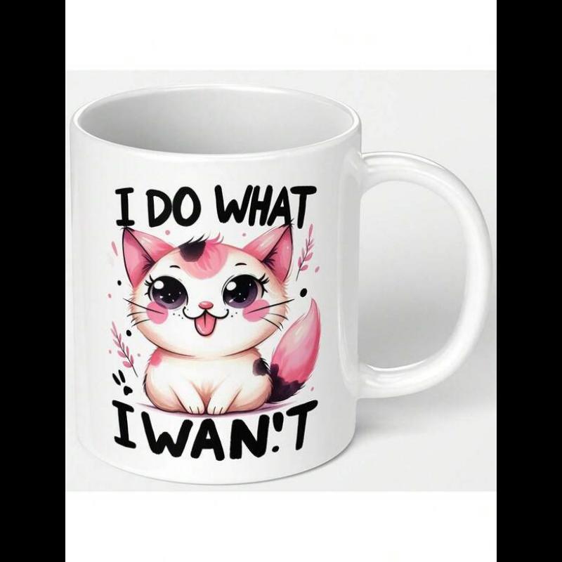 Tailorly White Ceramic 11 oz Mug - I Do What I Want Adorable Pink And White Cartoon Cat With Playful Expression Sticking Tongue Out Cat