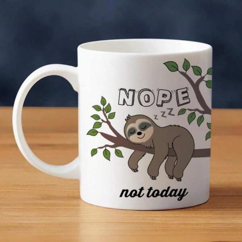 Tailorly White Ceramic 11 oz Mug - Nope Not Today Adorable Creature Resting Peacefully On A Branch With Green Leaves Sloth