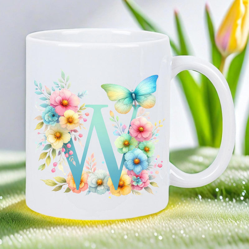 Tailorly White Ceramic 11 oz Mug - W Elegant Watercolor Flowers With Vibrant Wings Resting On Floral Monogram Butterfly