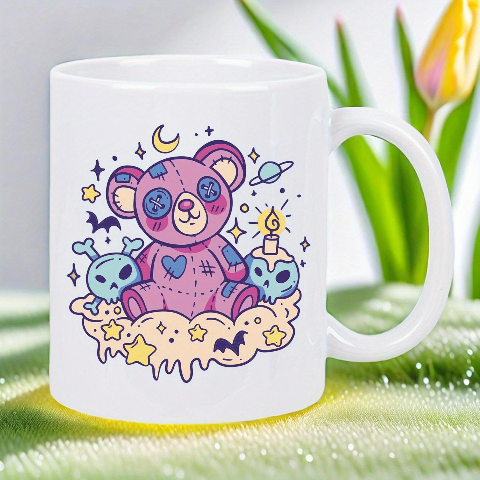 Tailorly White Ceramic 11 oz Mug - Creepy Cute Patchwork Purple Creature Among Stars Clouds And Little Skulls Teddy Bear