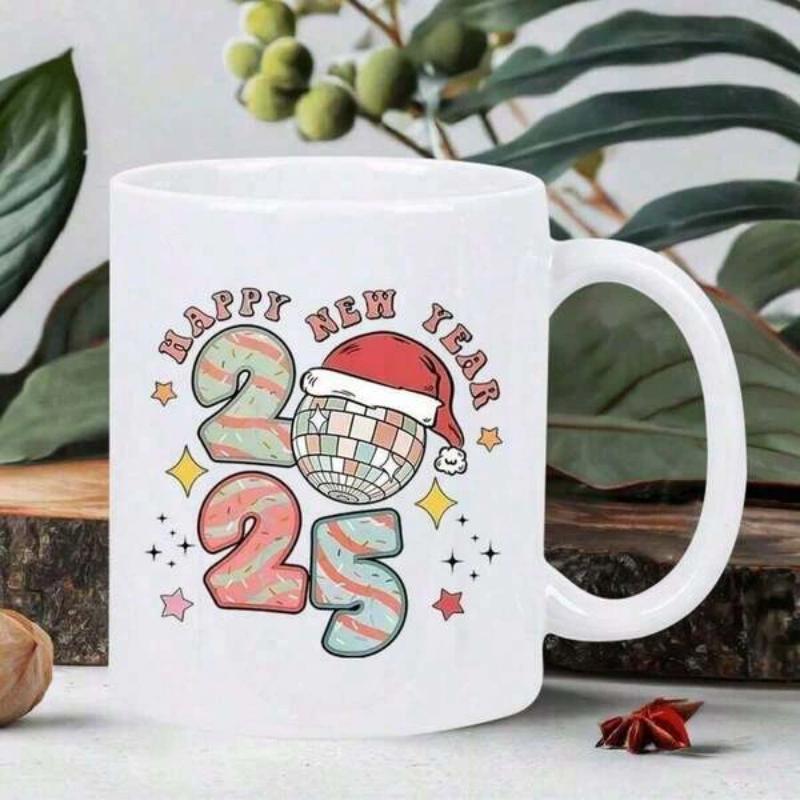 Tailorly White Ceramic 11 oz Mug - Happy New Year Retro Groovy Numbers With Sparkles And Festive Santa Hat Disco Ball