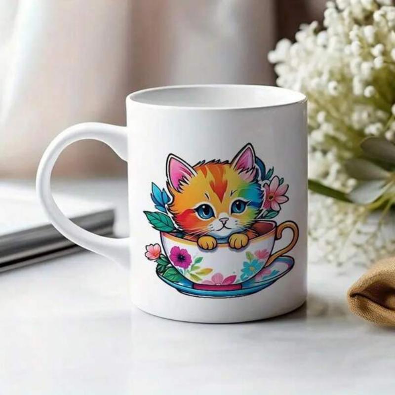 Tailorly White Ceramic 11 oz Mug - Colorful Playful Cartoon Kitten Sitting Inside Floral Teacup With Bright Blooming Flowers Kitten
