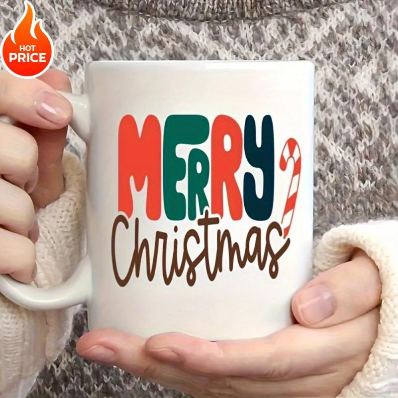 Tailorly White Ceramic 11 oz Mug - Merry Christmas Festive Colorful Typography Featuring A Classic Striped Holiday Candy Cane Mug
