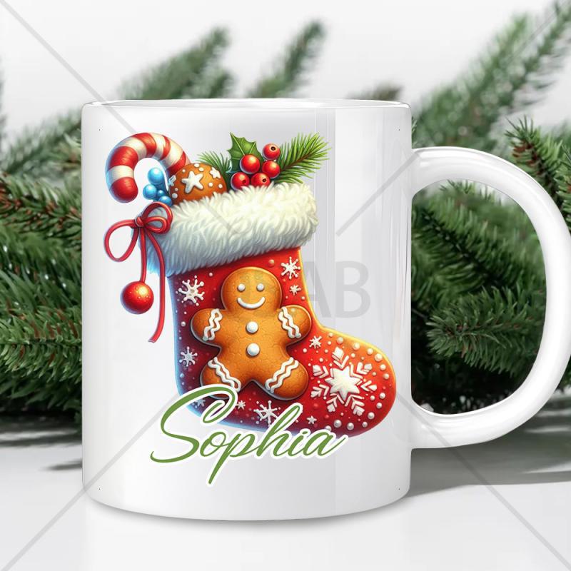 Tailorly White Ceramic 11 oz Mug - Sophia Festive Red Christmas With Smiling Gingerbread Man And Sweet Candy Cane Stocking