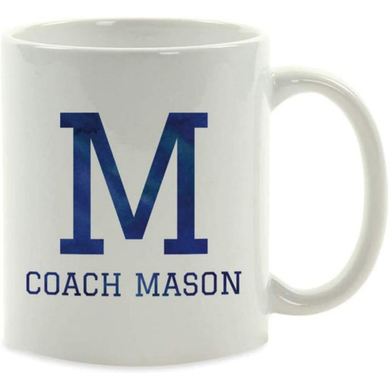 Tailorly White Ceramic 11 oz Mug - Coach Mason Large Blue Letter M Printed On