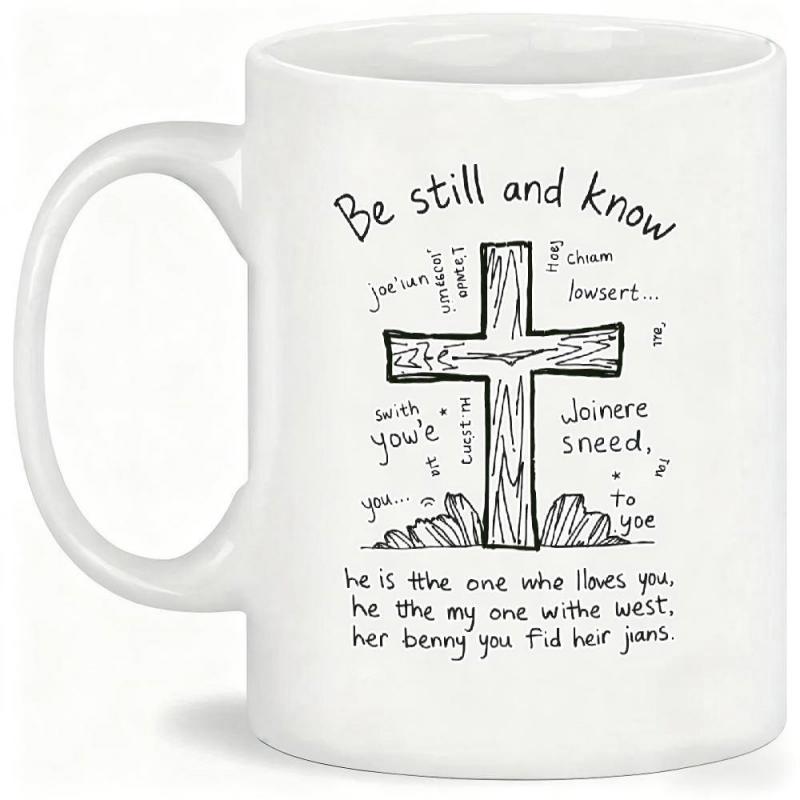 Tailorly White Ceramic 11 oz Mug - Be Still And Know Rustic Hand Drawn Christian Cross Standing Firmly Among Stones Cross