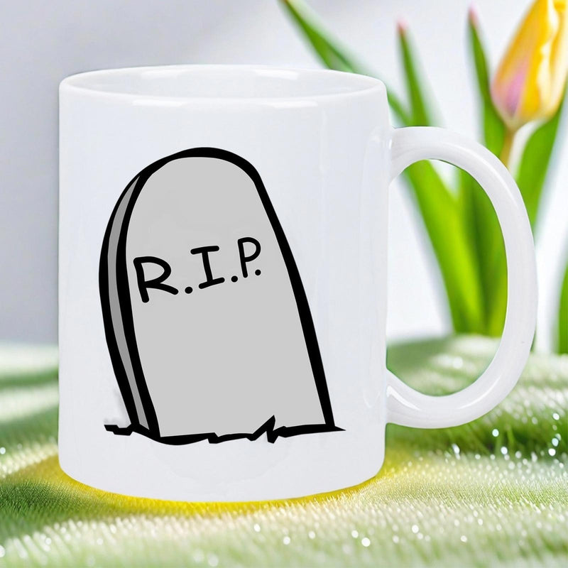 Tailorly White Ceramic 11 oz Mug - R I P Hand Drawn Grey Tombstone With Dark Outlines Resting On Green Grass Tombstone