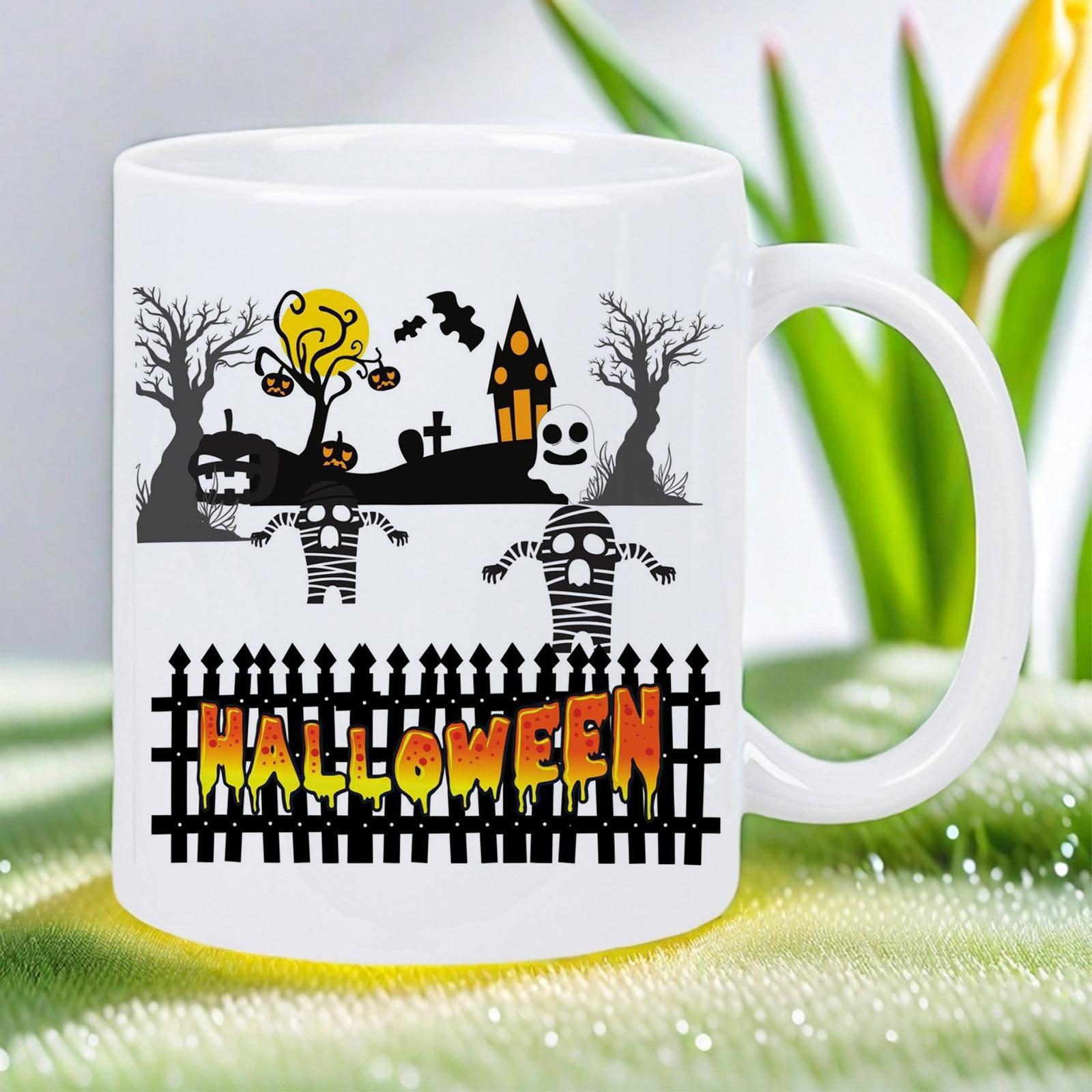 Tailorly White Ceramic 11 oz Mug - Halloween Spooky Graveyard Featuring Haunted House Bats And Ghosts Under Full Moon Halloween