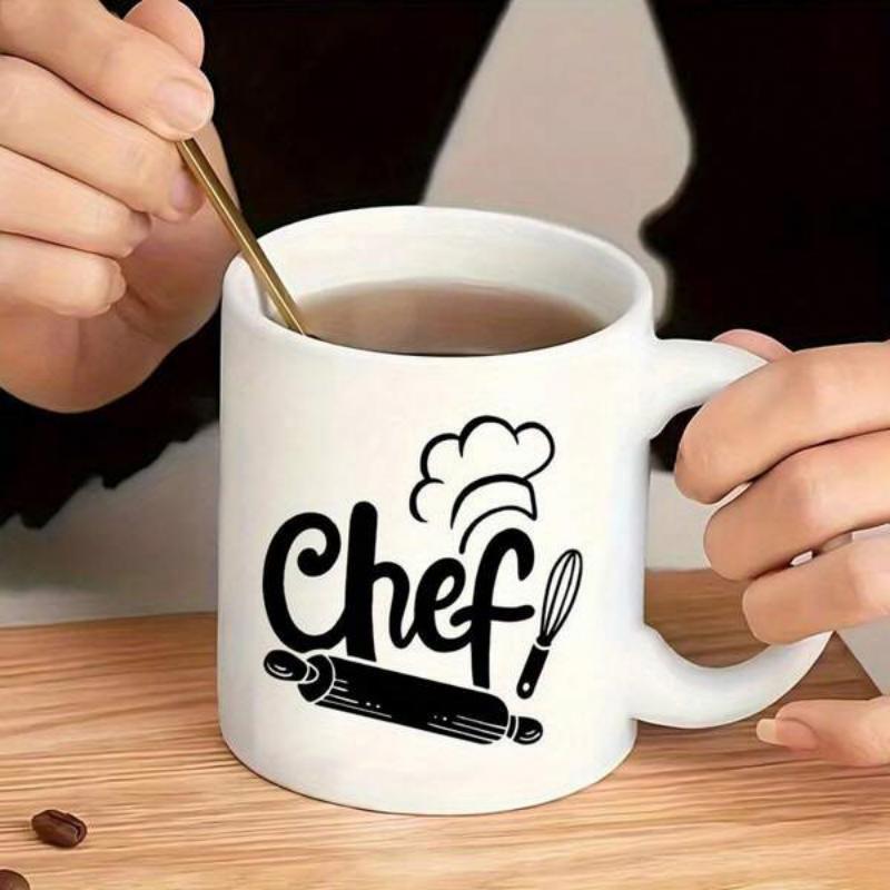Tailorly White Ceramic 11 oz Mug - Chef Minimalist Kitchenware Featuring Rolling Pin Whisk And A Toque Chef
