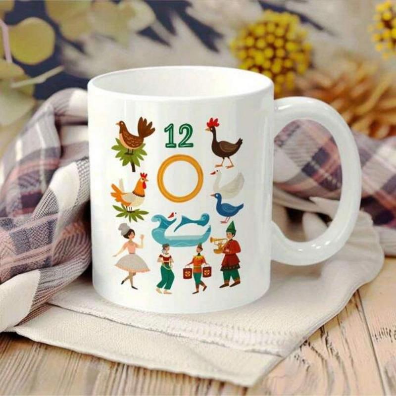 Tailorly White Ceramic 11 oz Mug - Festive Folk Art Illustrations Representing Traditional Christmas Song Elements Arranged Together Mug