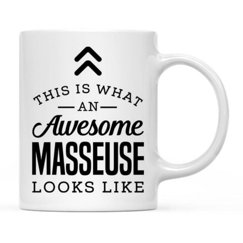Tailorly White Ceramic 11 oz Mug - This Is What An Awesome Masseuse Looks Like Double Chevron Icons Above Stylized Bold Typographic Professional Message Mug