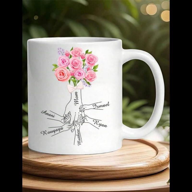 Tailorly White Ceramic 11 oz Mug - Mom Anna Kyra Katarina Delicate Pink Roses Held By Multiple Minimalist Line Art Hands Bouquet