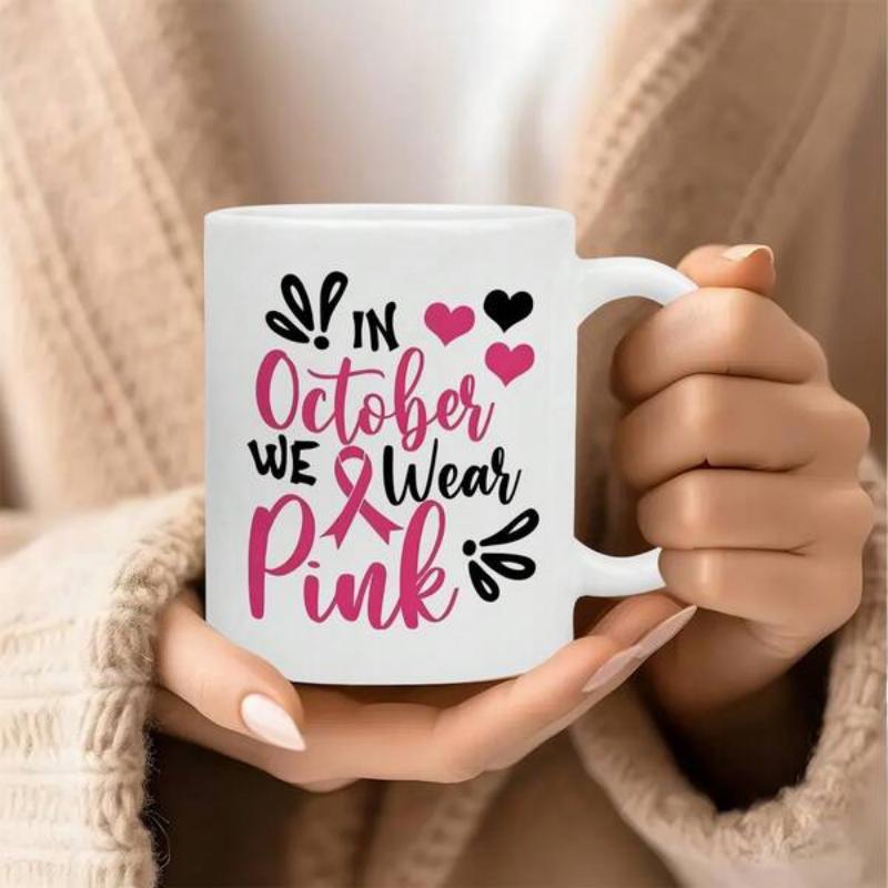 Tailorly White Ceramic 11 oz Mug - In October We Wear Pink Breast Cancer Awareness Symbol With Hearts And Artistic Black Swirls Ribbon