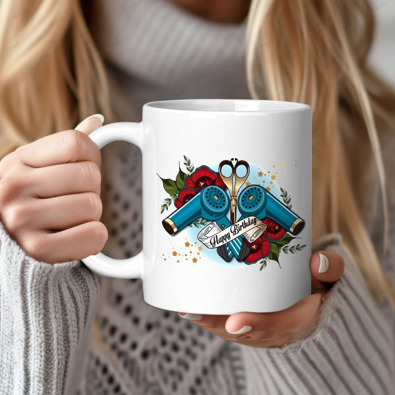 Tailorly White Ceramic 11 oz Mug - Happy Birthday Blue Hairdryers Surrounded By Red Roses And Golden Salon Tools Scissors