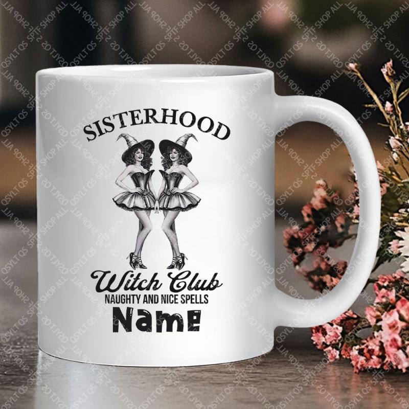 Tailorly White Ceramic 11 oz Mug - Sisterhood Witch Club Naughty And Nice Spells Name Elegant Vintage Style Pinup Figures Standing Back To Back Wearing Hats Witch