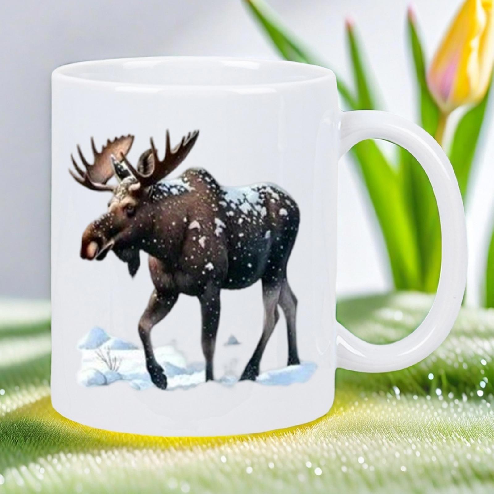 Tailorly White Ceramic 11 oz Mug - Majestic Wild Animal Walking Across A Snowy Landscape With Large Antlers Moose