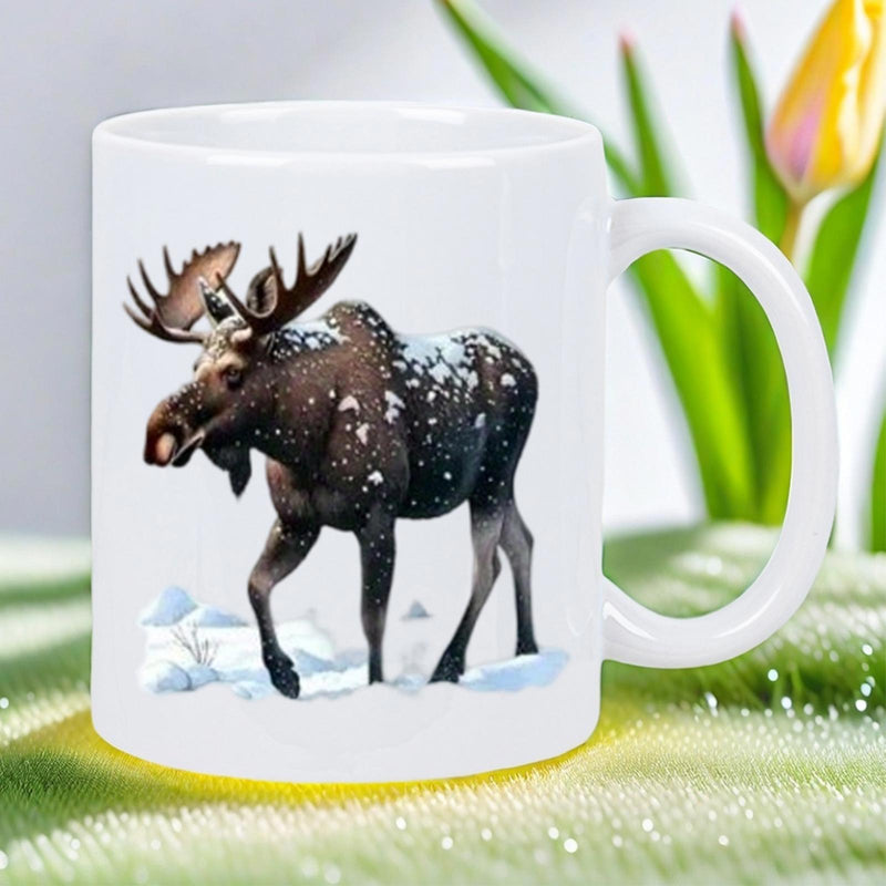 Tailorly White Ceramic 11 oz Mug - Majestic Wild Animal Walking Across A Snowy Landscape With Large Antlers Moose