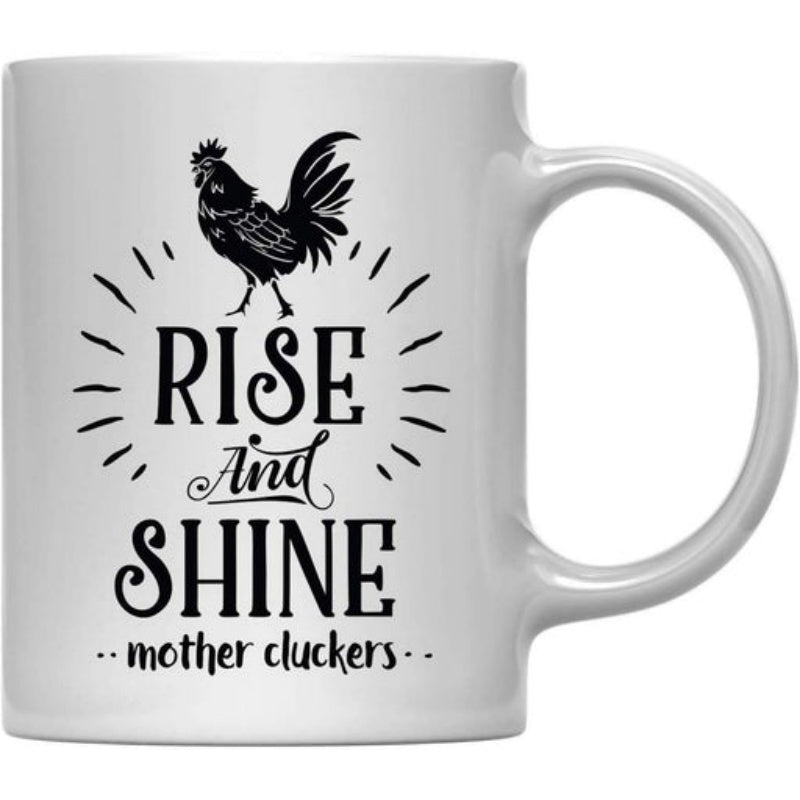 Tailorly White Ceramic 11 oz Mug - Rise And Shine Mother Cluckers Minimalist Black Silhouette With Radiant Sunburst Rays In Country Style Rooster