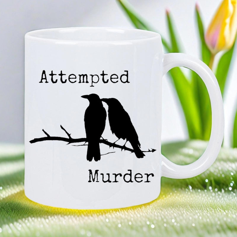 Tailorly White Ceramic 11 oz Mug - Attempted Murder Two Black Raven Silhouettes Perched Gracefully On A Bare Tree Branch Raven
