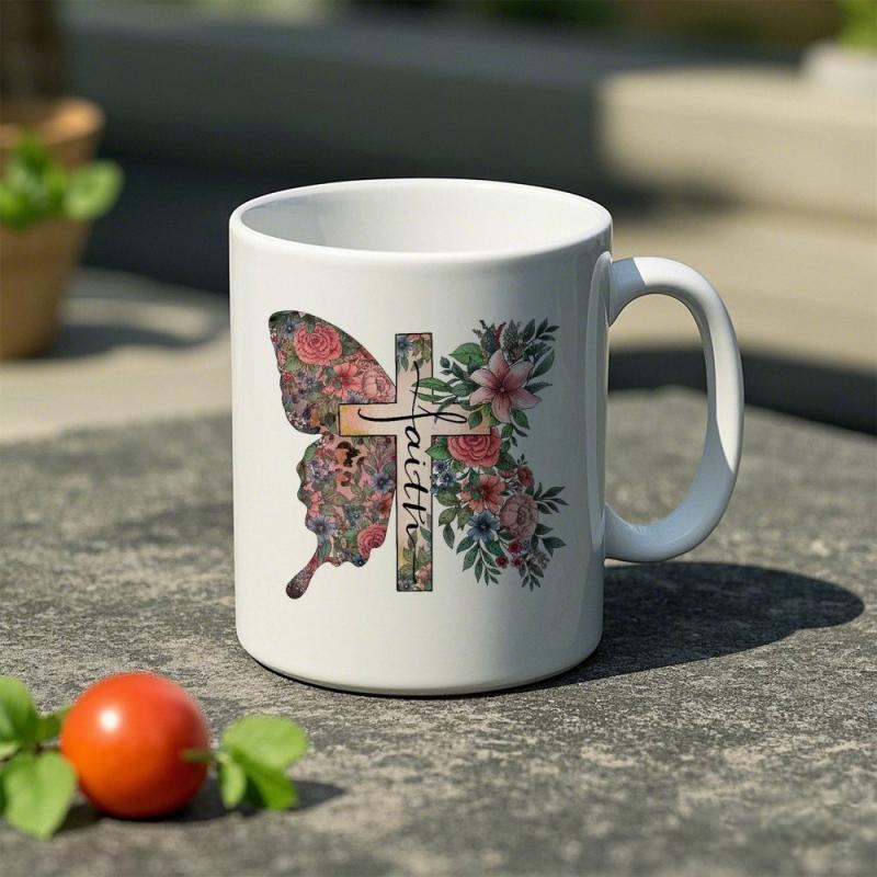Tailorly White Ceramic 11 oz Mug - Faith Floral Butterfly Wings Combined With A Decorative Cross Among Graceful Blossoms Butterfly