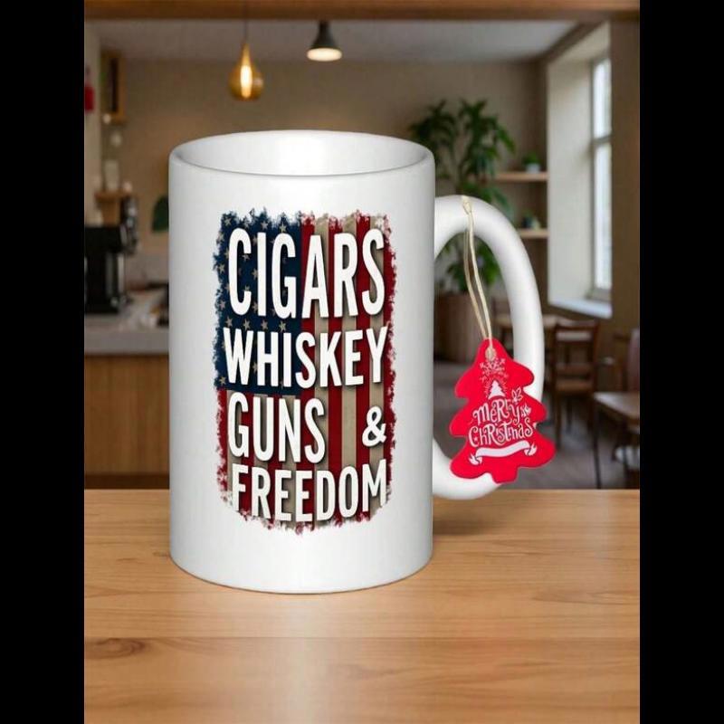 Tailorly White Ceramic 11 oz Mug - Cigars Whiskey Guns Freedom Distressed Vintage American Flag With Stars And Stripes In Patriotic Style Flag
