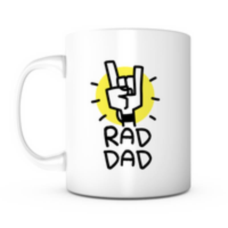 Tailorly White Ceramic 11 oz Mug - Rad Dad Hand Making Rock Horns Sign Over A Radiant Yellow Circle Hand