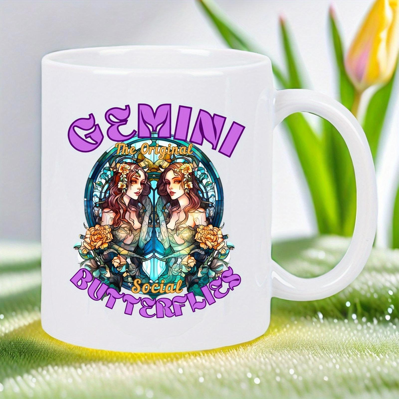 Tailorly White Ceramic 11 oz Mug - Gemini Social Butterflies Intricate Art Nouveau Style Symmetrical Twin Sisters Surrounded By Floral Elements Gemini