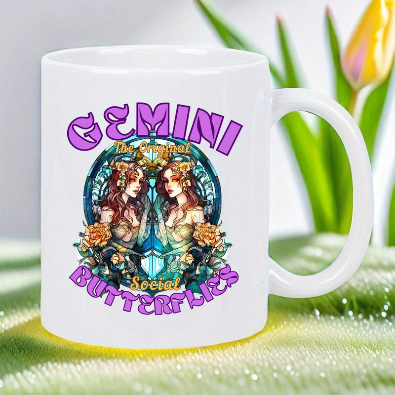 Tailorly White Ceramic 11 oz Mug - Gemini Social Butterflies Intricate Art Nouveau Style Symmetrical Twin Sisters Surrounded By Floral Elements Gemini
