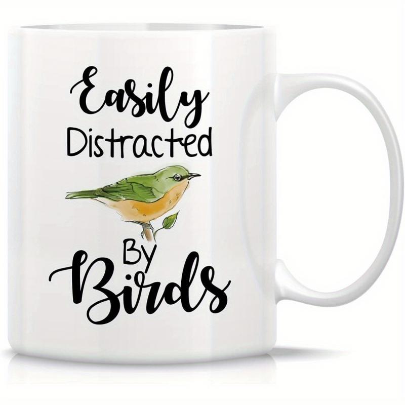 Tailorly White Ceramic 11 oz Mug - Easily Distracted By Birds Vibrant Green Songbird Perched Gracefully Upon A Delicate Branch Bird