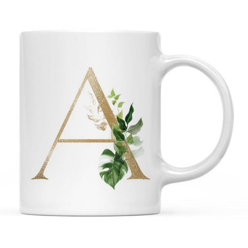 Tailorly White Ceramic 11 oz Mug - A Elegant Golden Lettering Surrounded By Lush Green Tropical Monstera Foliage Letter