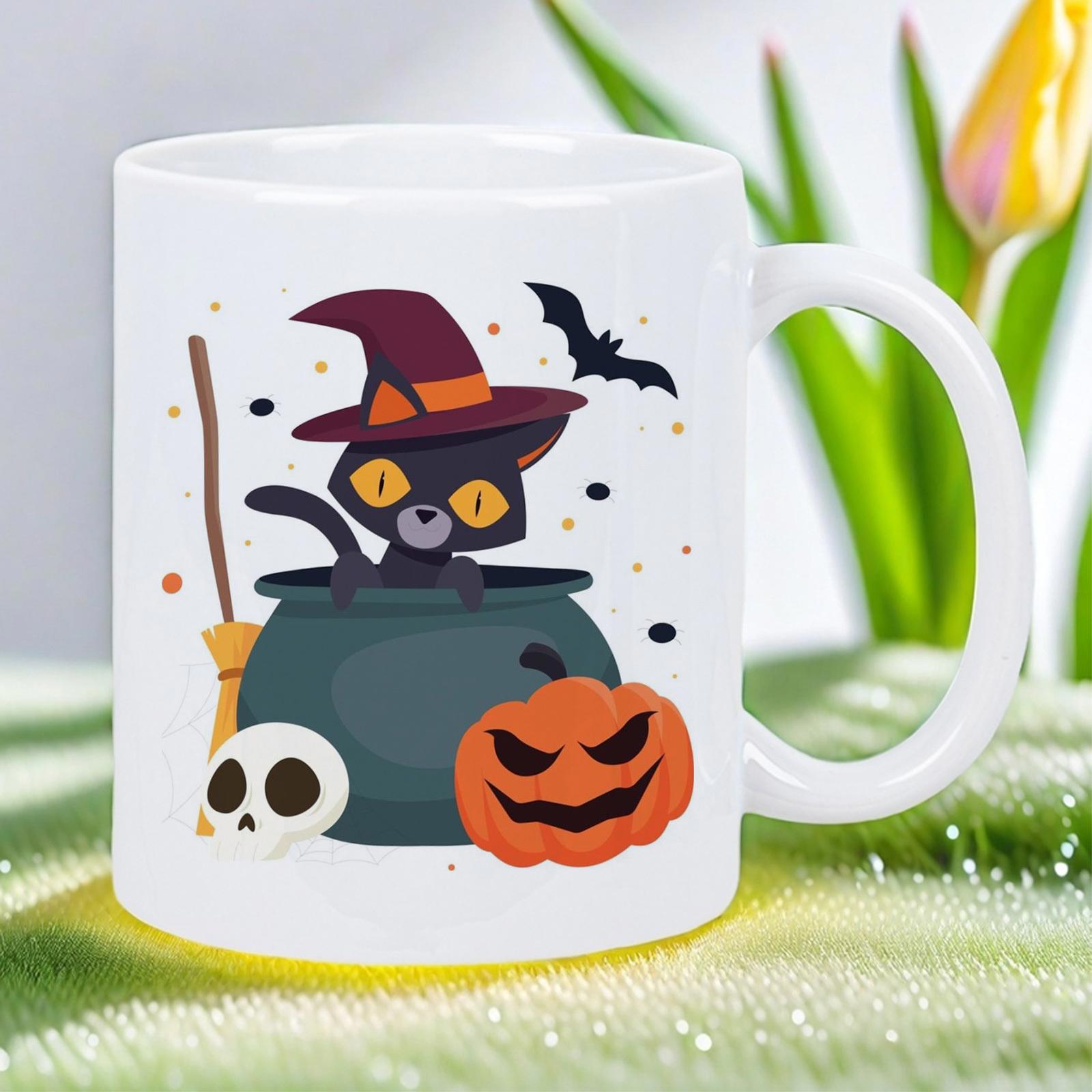 Tailorly White Ceramic 11 oz Mug - Mystical Black Cat Sitting Inside A Witch Cauldron With Spooky Halloween Pumpkin Cat