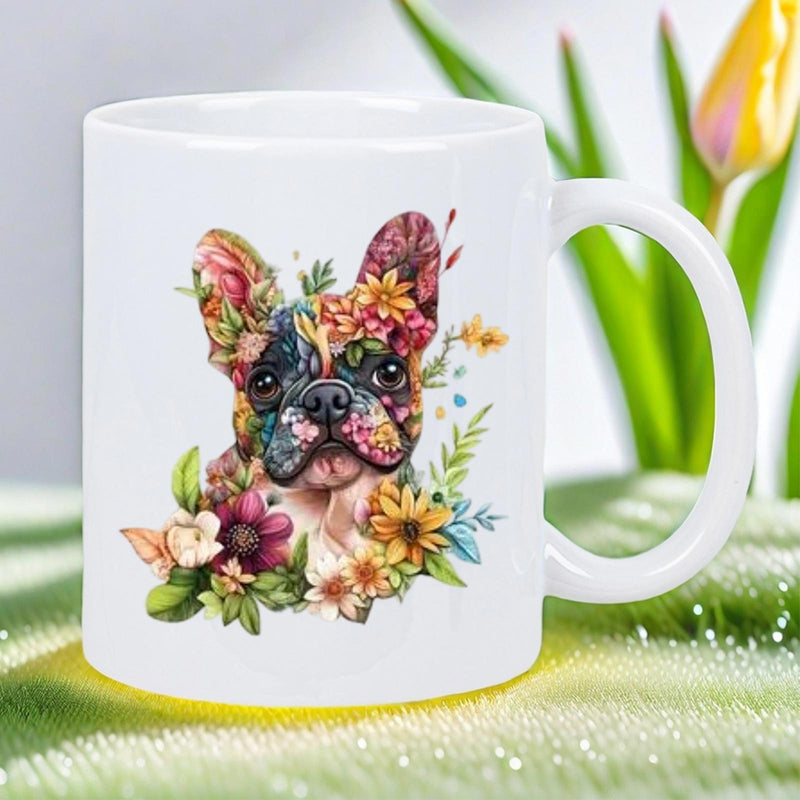 Tailorly White Ceramic 11 oz Mug - Artistic Watercolor Style With Colorful Blooming Flowers Surrounding A Cute French Bulldog