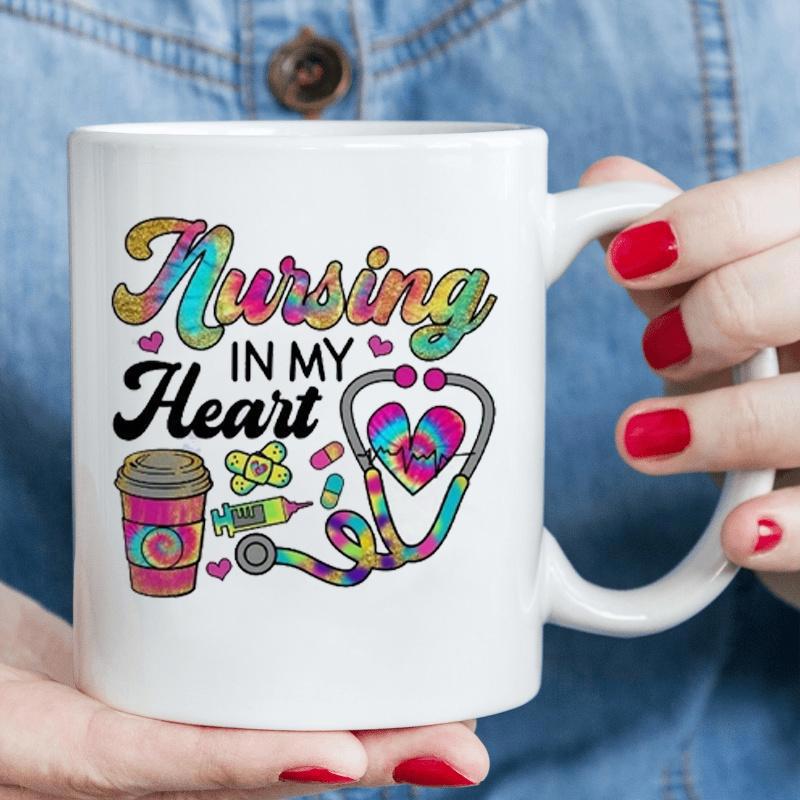 Tailorly White Ceramic 11 oz Mug - Nursing In My Heart Colorful Medical Symbols Featuring A Heart Shaped Stethoscope Heart