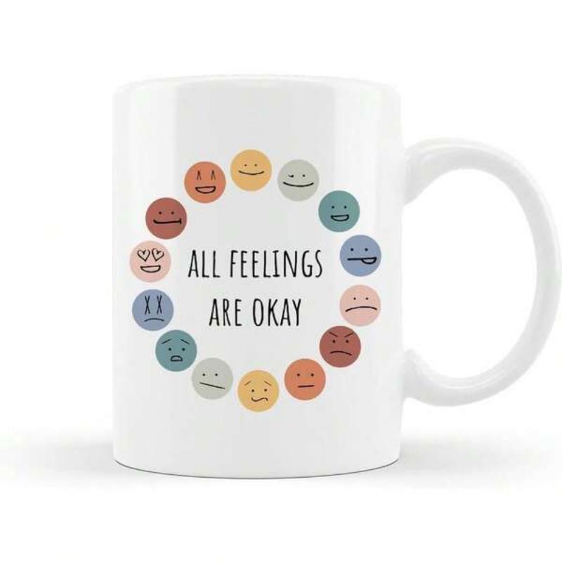 Tailorly White Ceramic 11 oz Mug - All Feelings Are Okay Colorful Hand Drawn Expressions Arranged In A Unique Positive Round Emoticon