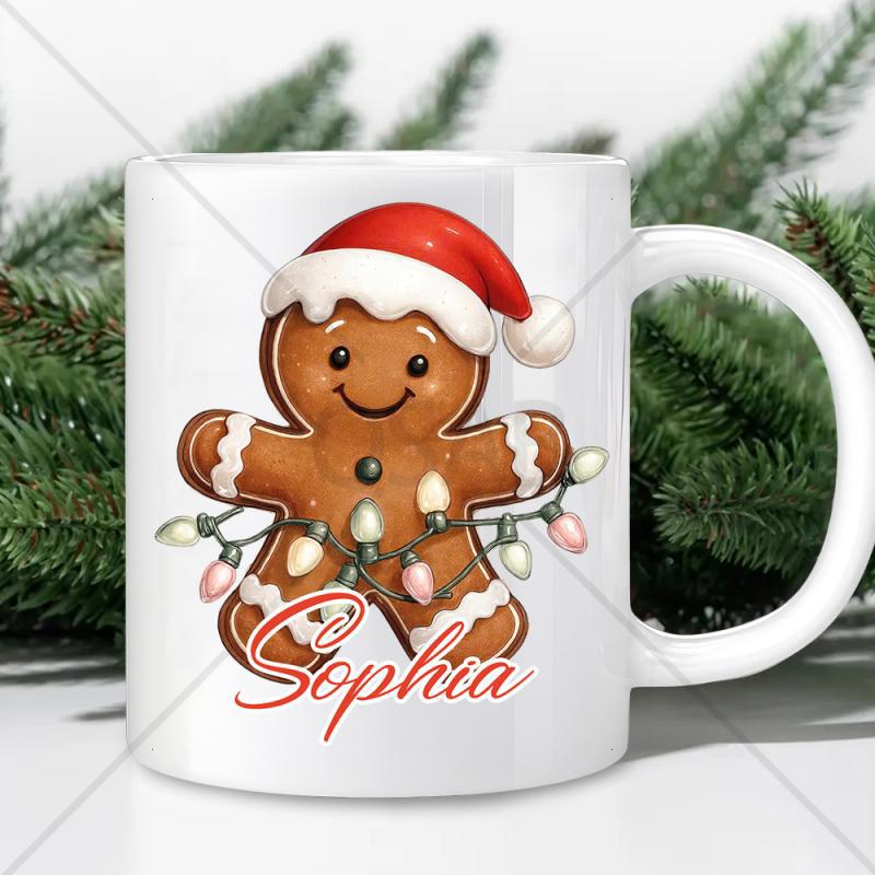 Tailorly White Ceramic 11 oz Mug - Sophia Festive Smiling Character Wearing Red Santa Hat And Colorful Glowing Lights Gingerbread Man